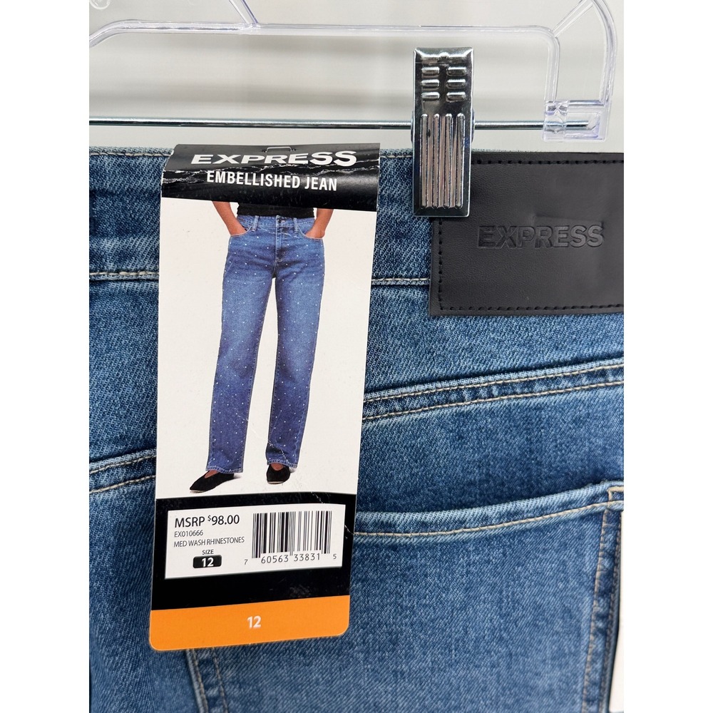 Express Embellished Rhinestone Straight Leg Jeans Medium Wash Blue Womens 12 NEW - Picture 3 of 9
